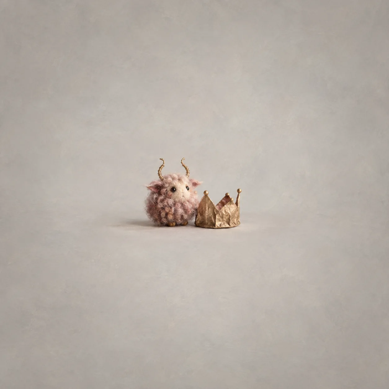 A small pink woolly creature with wire horns sits beside a crumpled gold paper crown.
