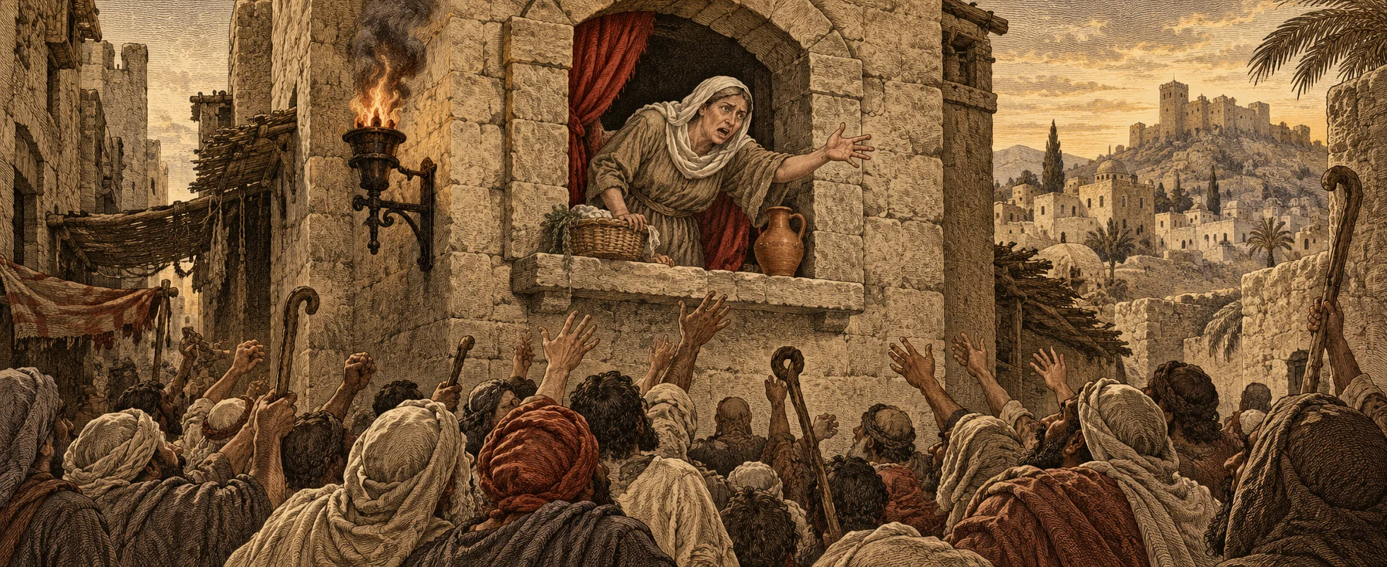 A mother in a headscarf leans out of a stone window to scold a crowd of robed followers raising their arms in the alley below.