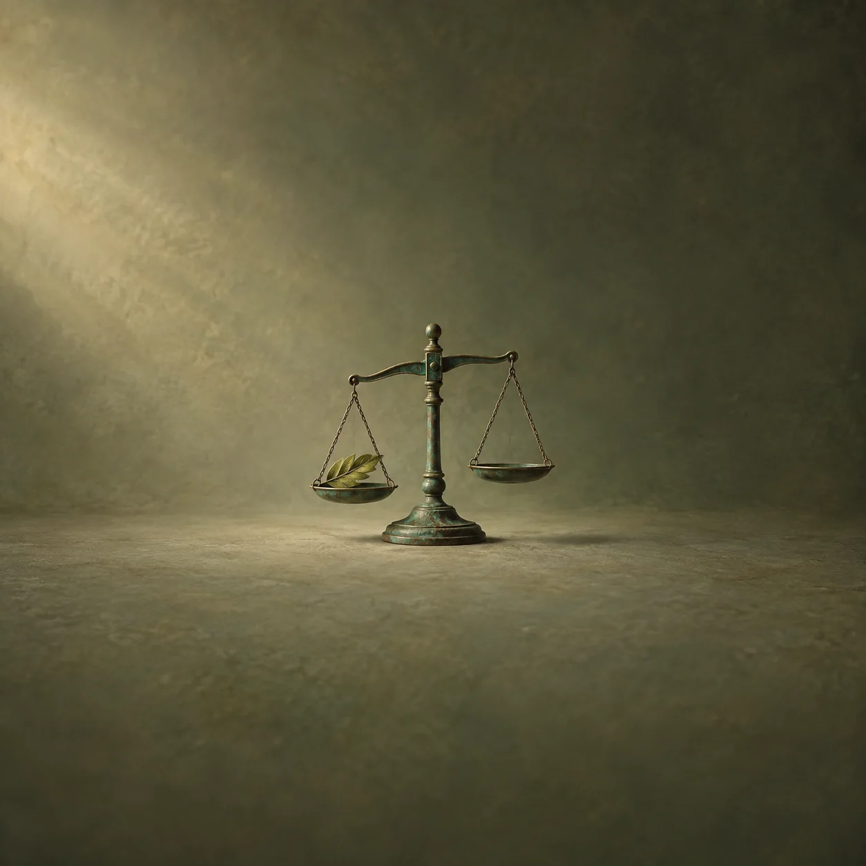 A weathered balance scale holds green leaves in one pan against a muted olive background.