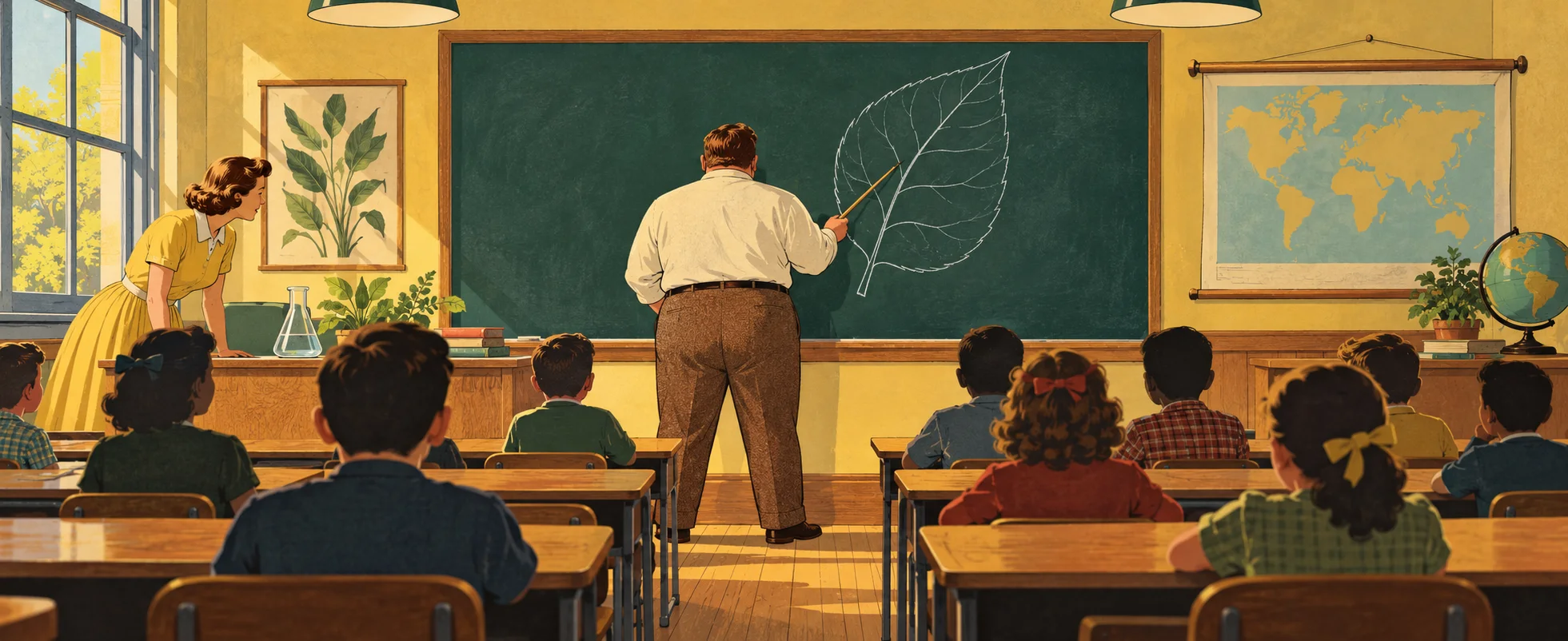 A man points at a chalk drawing of a leaf in front of a classroom of children while a teacher looks on.