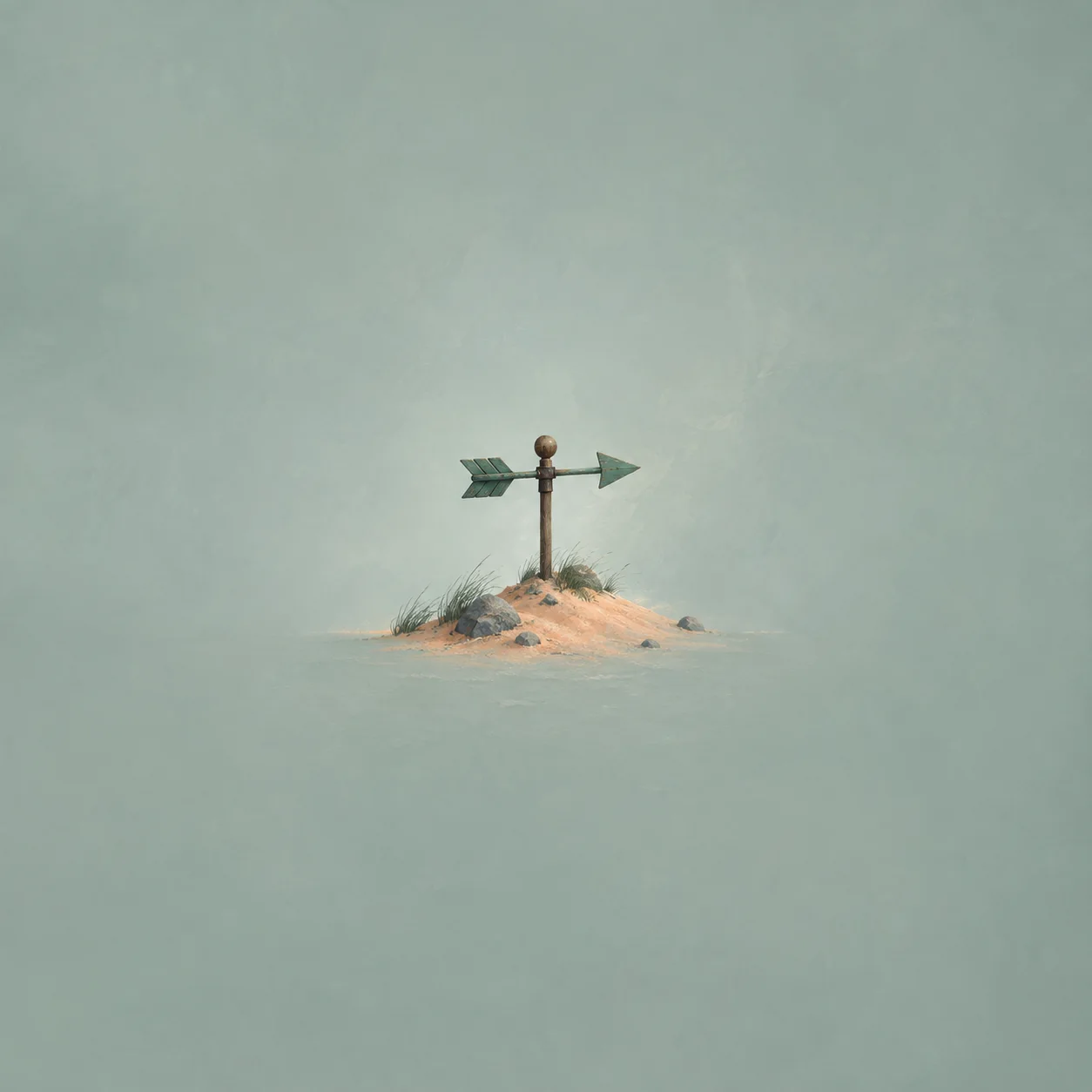 A small arrow-shaped weathervane stands on a low sandy mound with stones and tufts of grass.