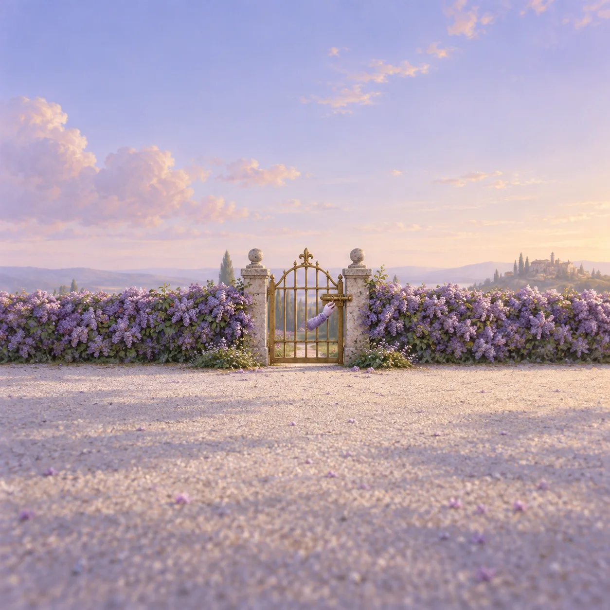 A small brass gate in a lilac hedge with its latch held closed from inside.