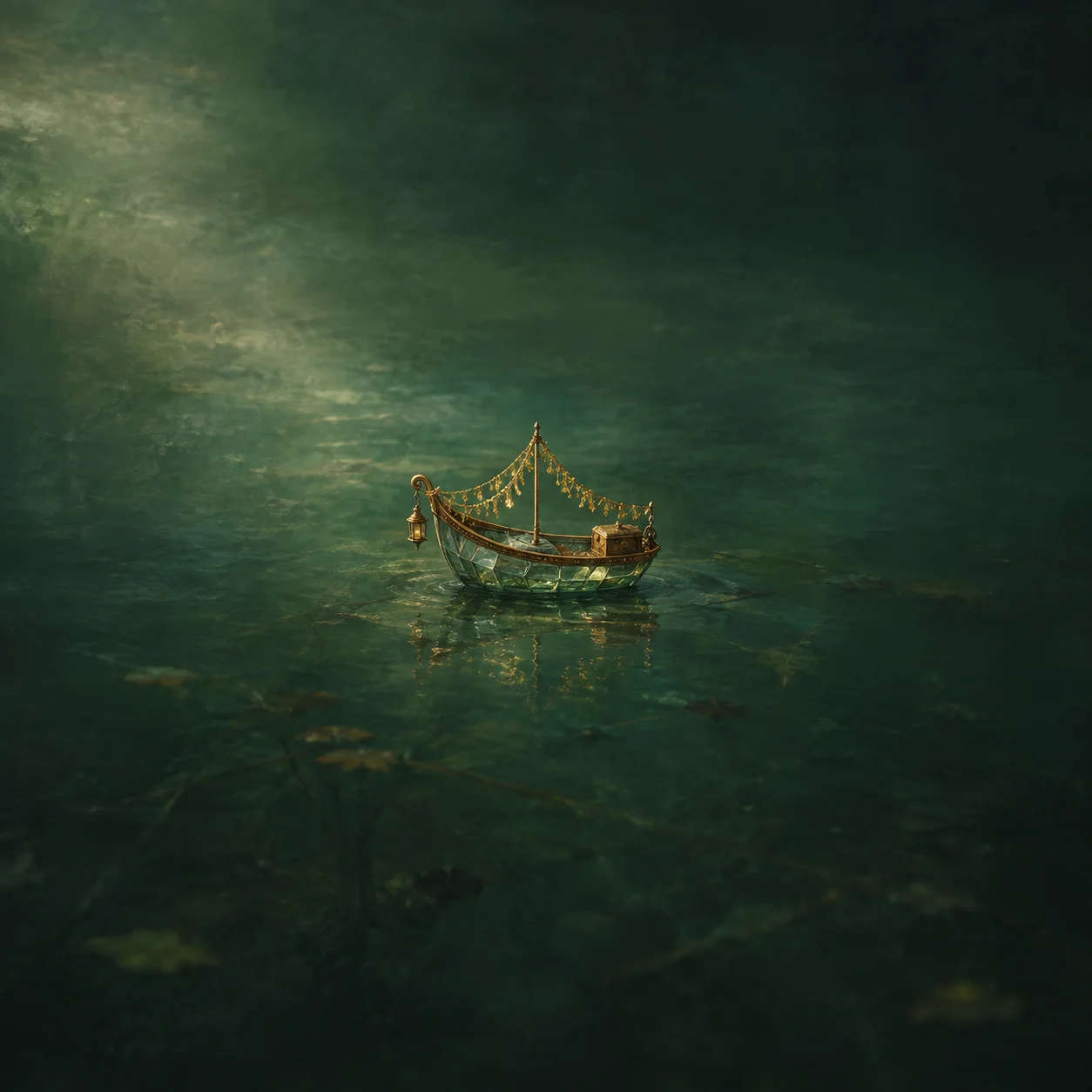 Painterly small boat draped with gold tinsel on dark green water.