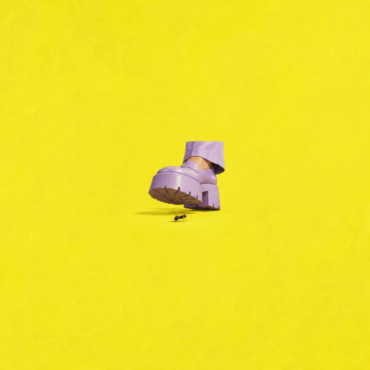 A lilac platform shoe hovering above a tiny black ant on an acid-yellow background.