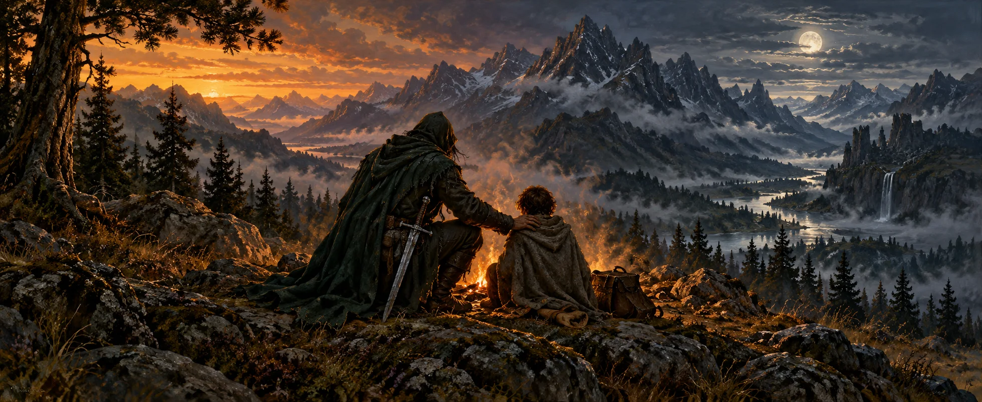 A cloaked ranger and a young hobbit sit by a small fire on a mountain ridge at sunset.