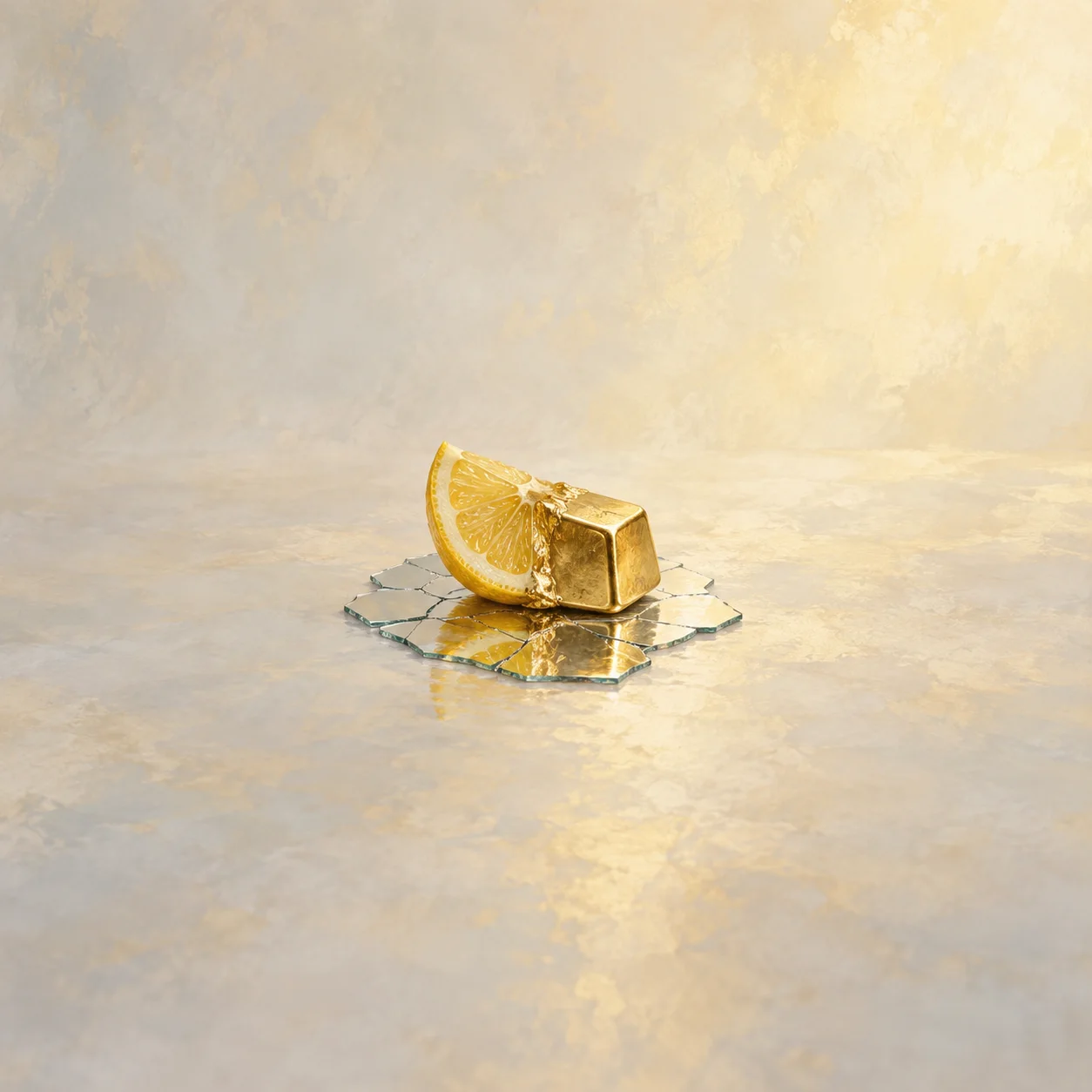 Painterly lemon wedge beside a small gold block on a cracked mirror.