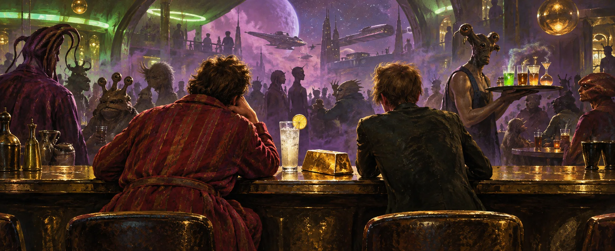 Two travellers sit at a bar in a sleazy alien spaceport lounge, a frosted drink with a lemon slice and a gold brick before them.