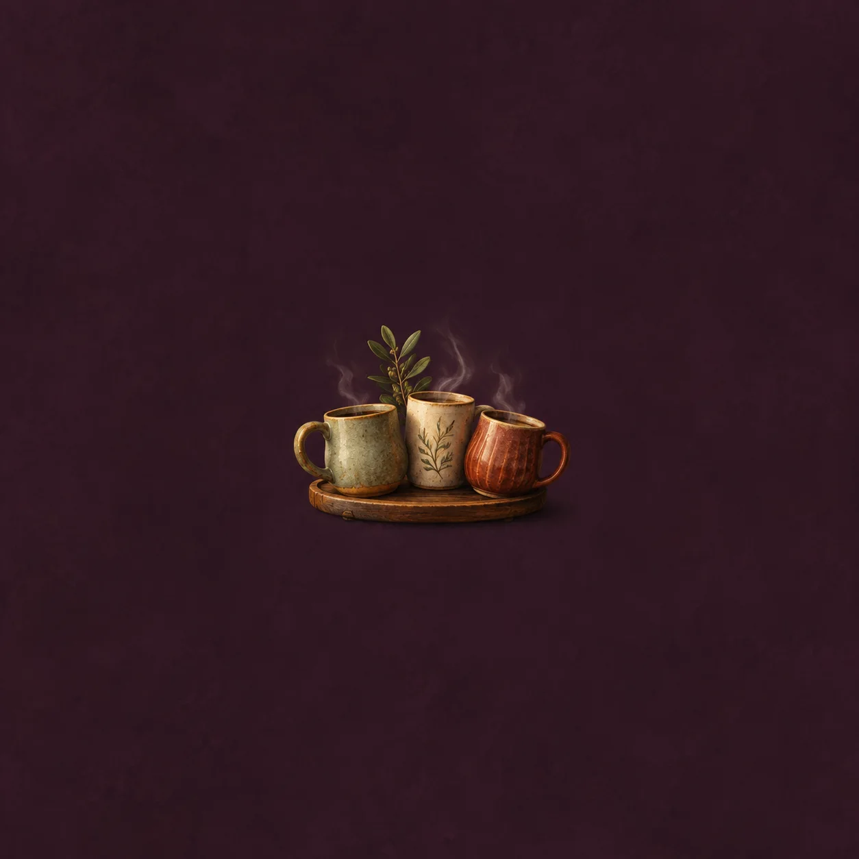 Three differently glazed mugs sit together on a small wooden tray with a green sprig between them.