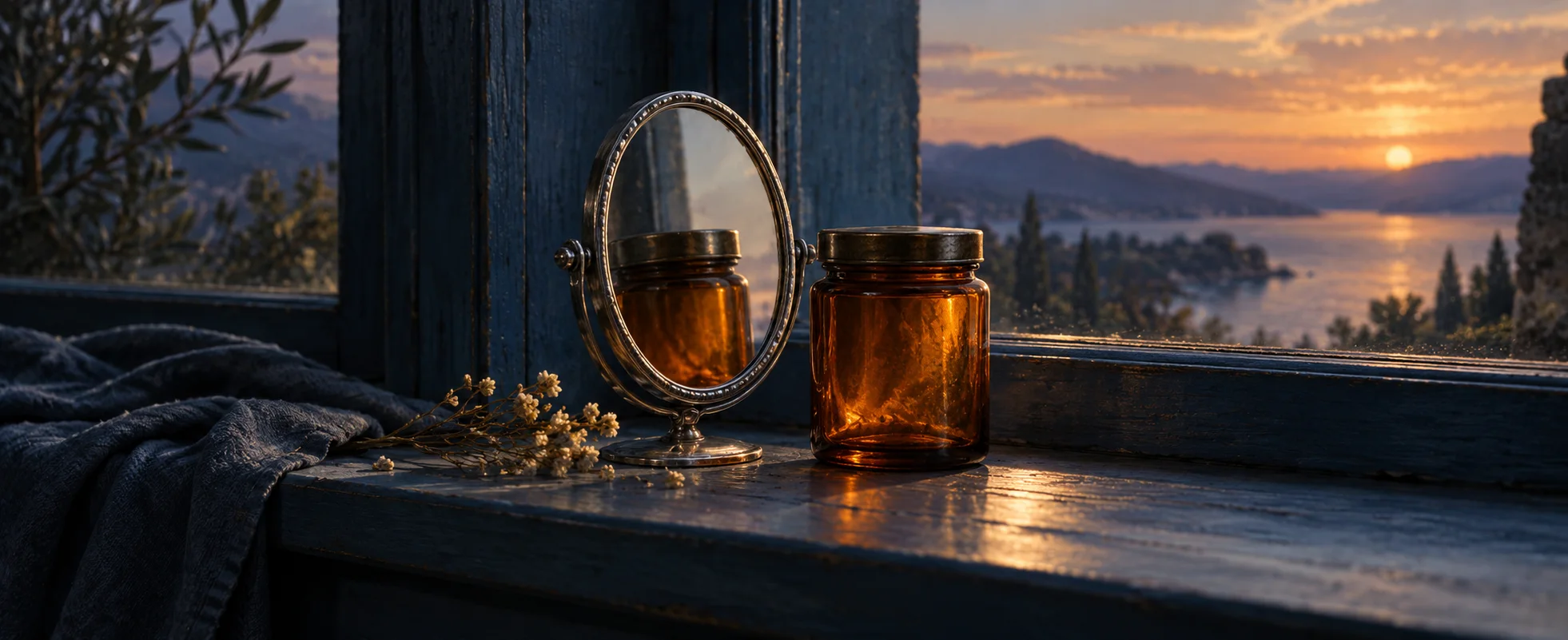 A small silver mirror reflects a closed amber glass jar on a dark blue window ledge.