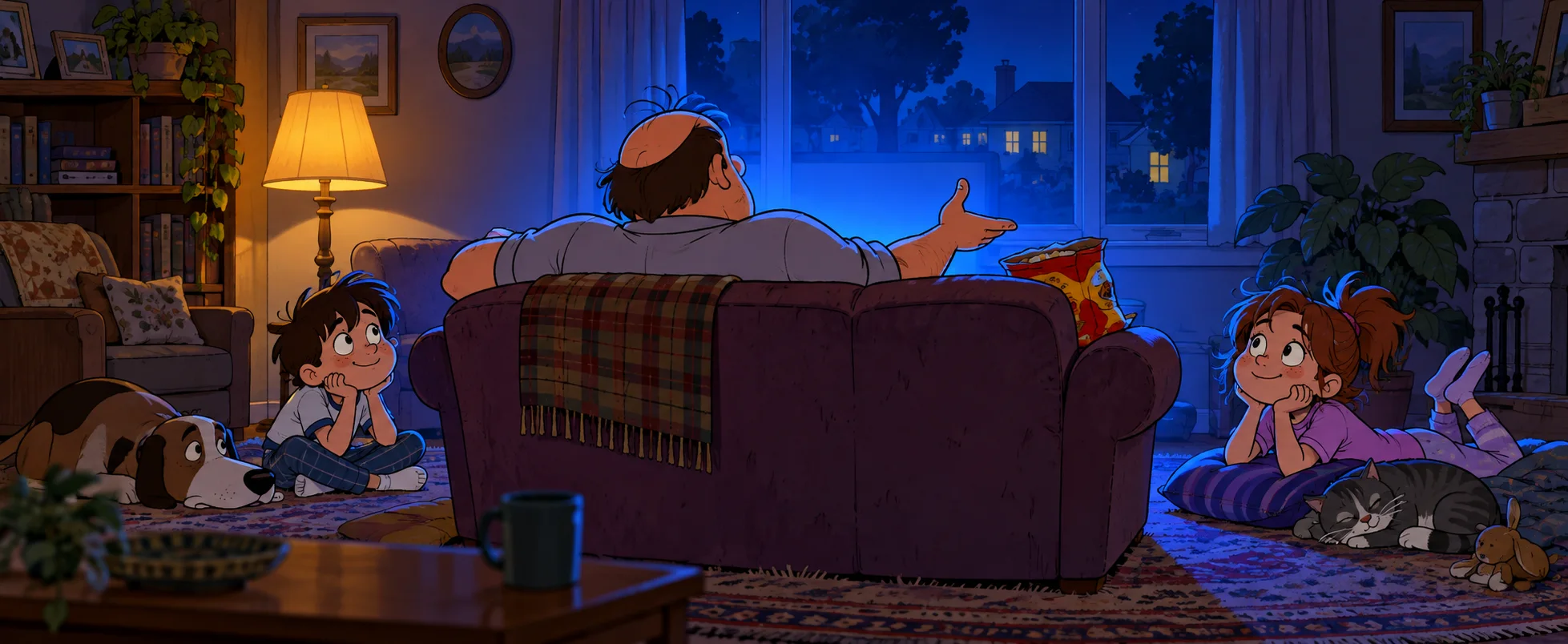 A round cartoon dad slumps on a worn couch in a dark living room lit by a television's blue glow.