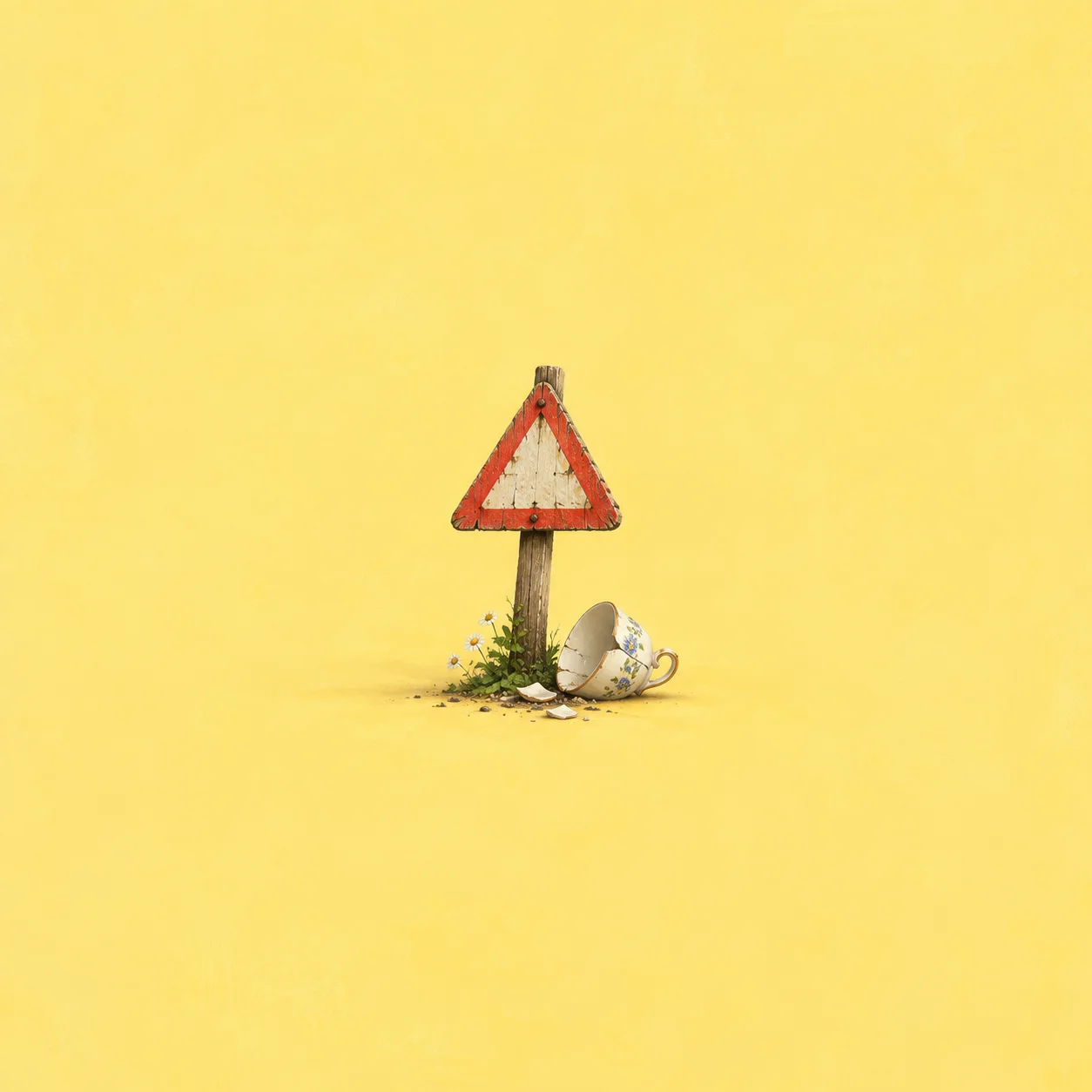 A small signpost with a red triangle beside a broken teacup on a yellow background.