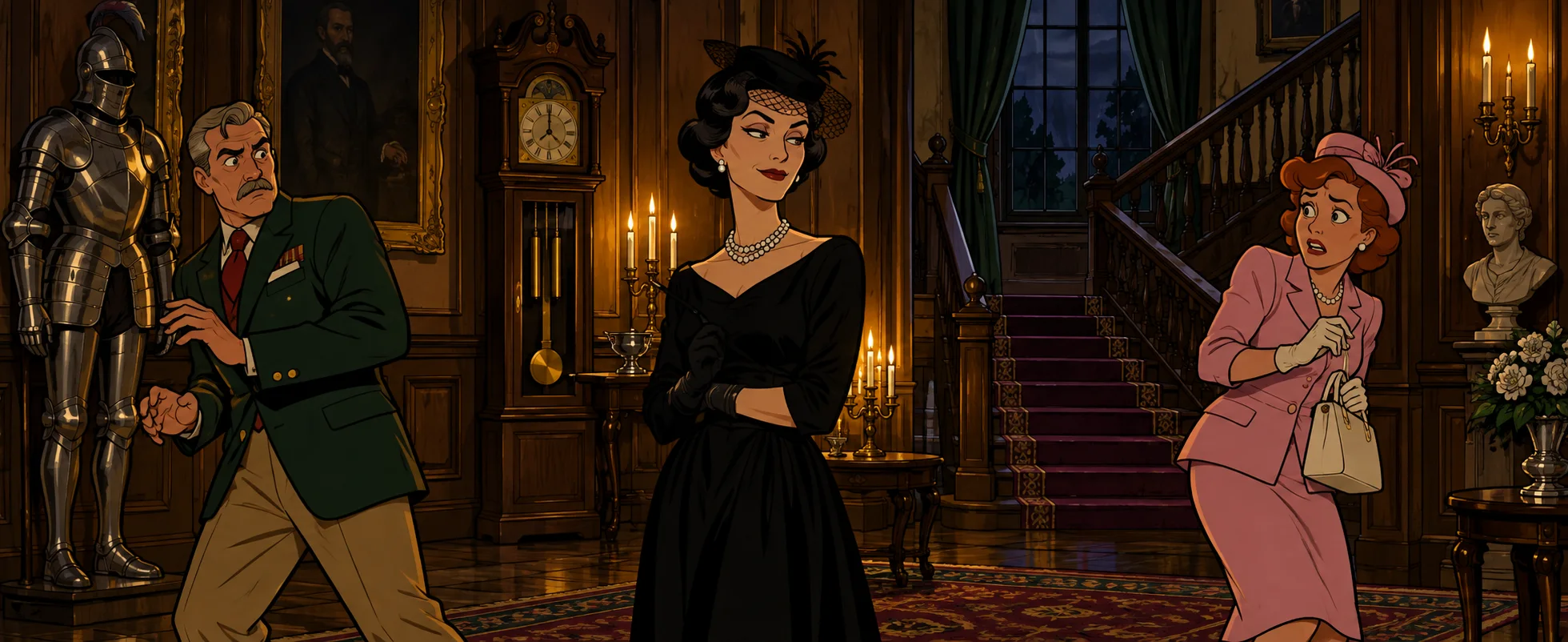 A widow in black with pearls stands coolly in a candlelit mansion hall while a colonel and a woman in pink edge nervously away.