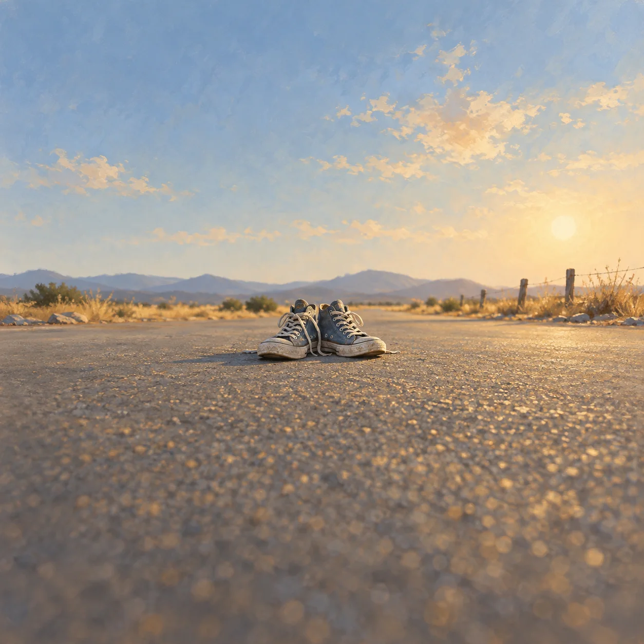 Painterly pair of worn trainers on a sunlit road in a dry landscape.