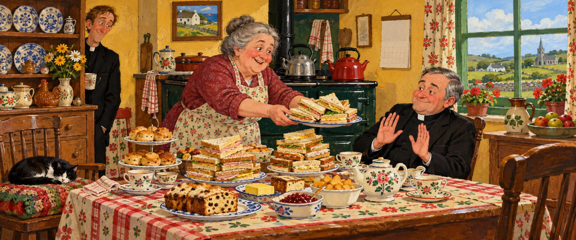 Mrs Doyle beams as she pushes a plate of sandwiches across a kitchen table piled with cakes and teapots towards Father Ted, who holds up his hands, while Dougal watches by the dresser.