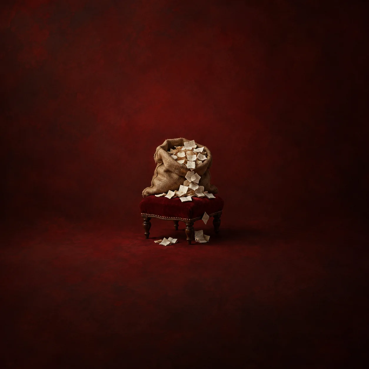 A burlap sack spills folded paper scraps onto a red velvet stool and the ground beneath it.