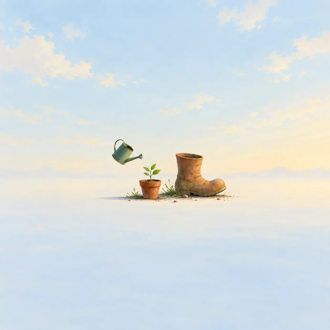A small watering can pours onto a potted seedling beside an empty boot-shaped planter under a pale sky.