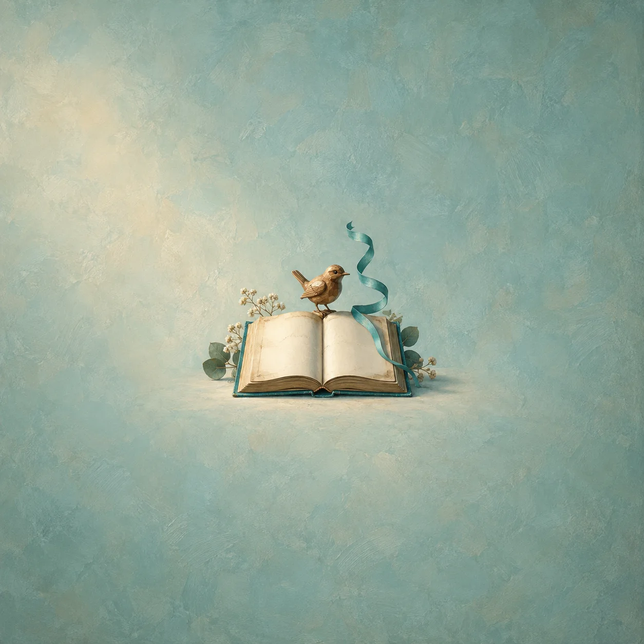 A small brown bird perches on an open blank book beside a curling teal ribbon, green leaves and tiny white flowers.