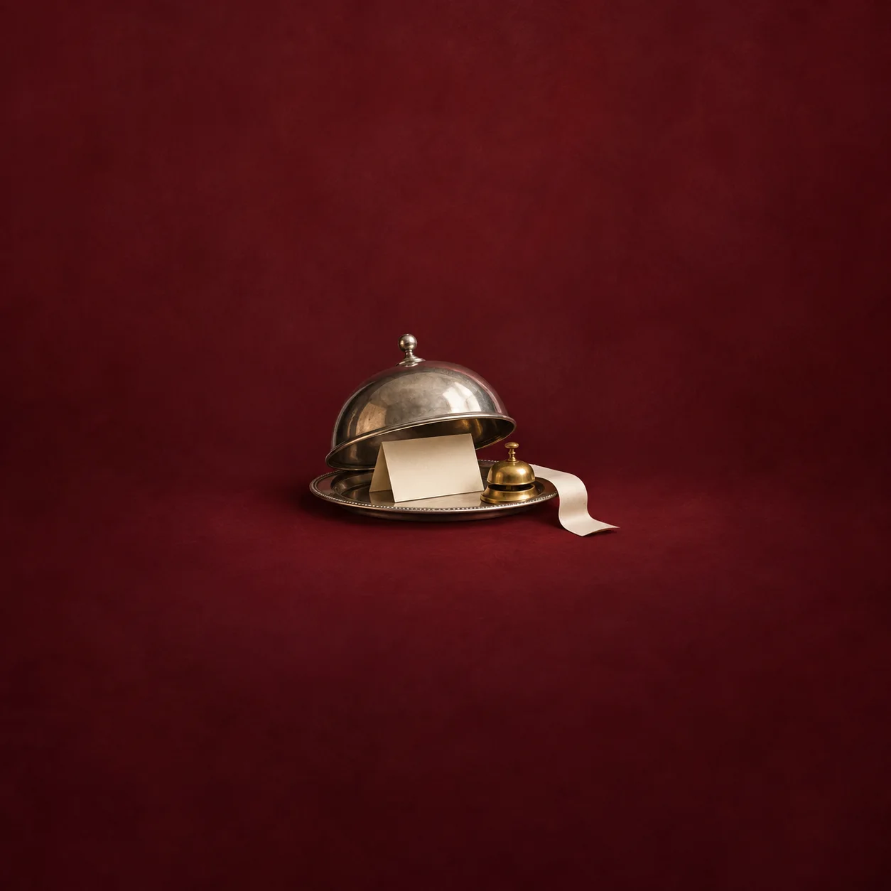 A partly lifted silver serving cloche revealing a blank card, beside a small brass bell and a curled paper strip on burgundy.