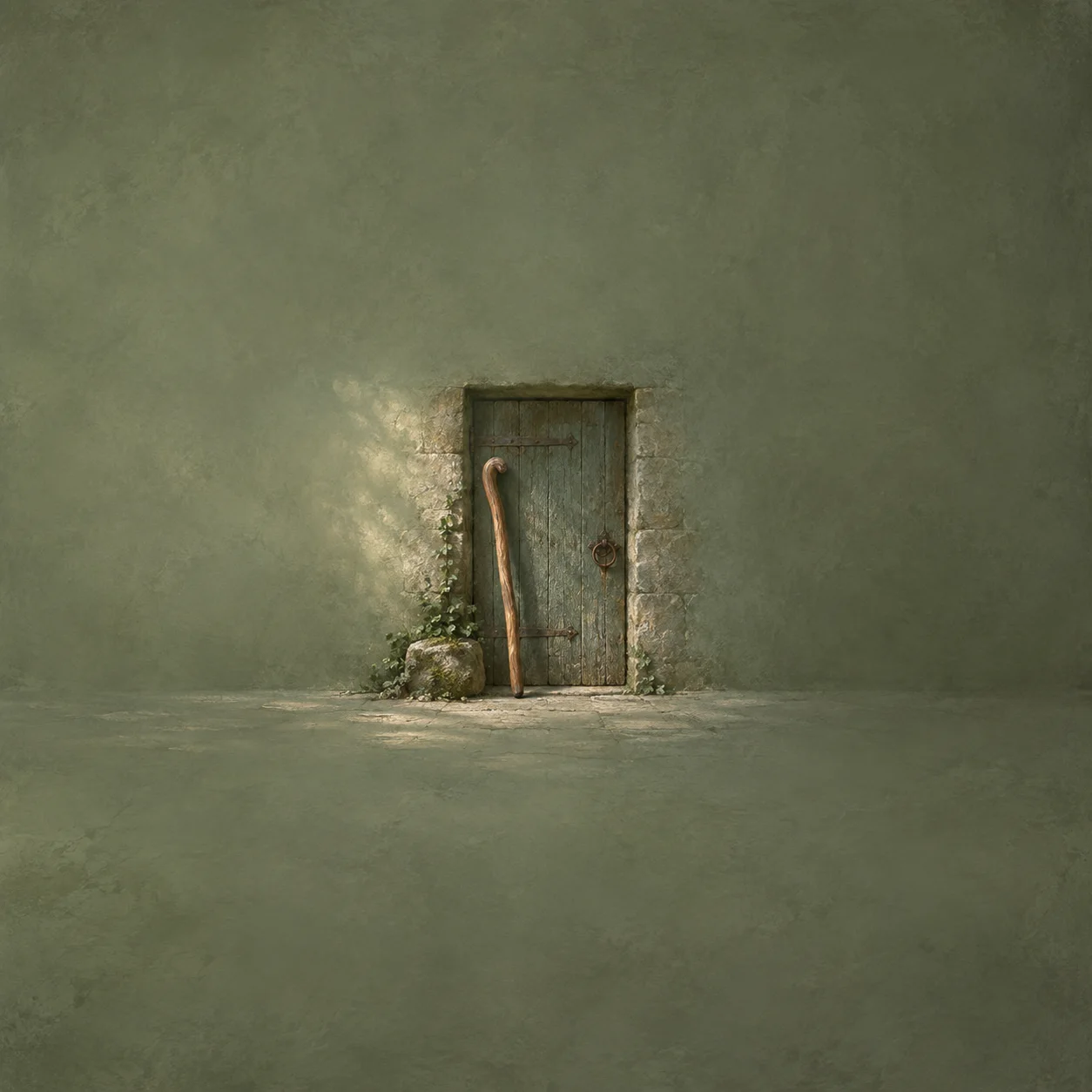 Painterly wooden staff leaning against a weathered green door with small ivy leaves.