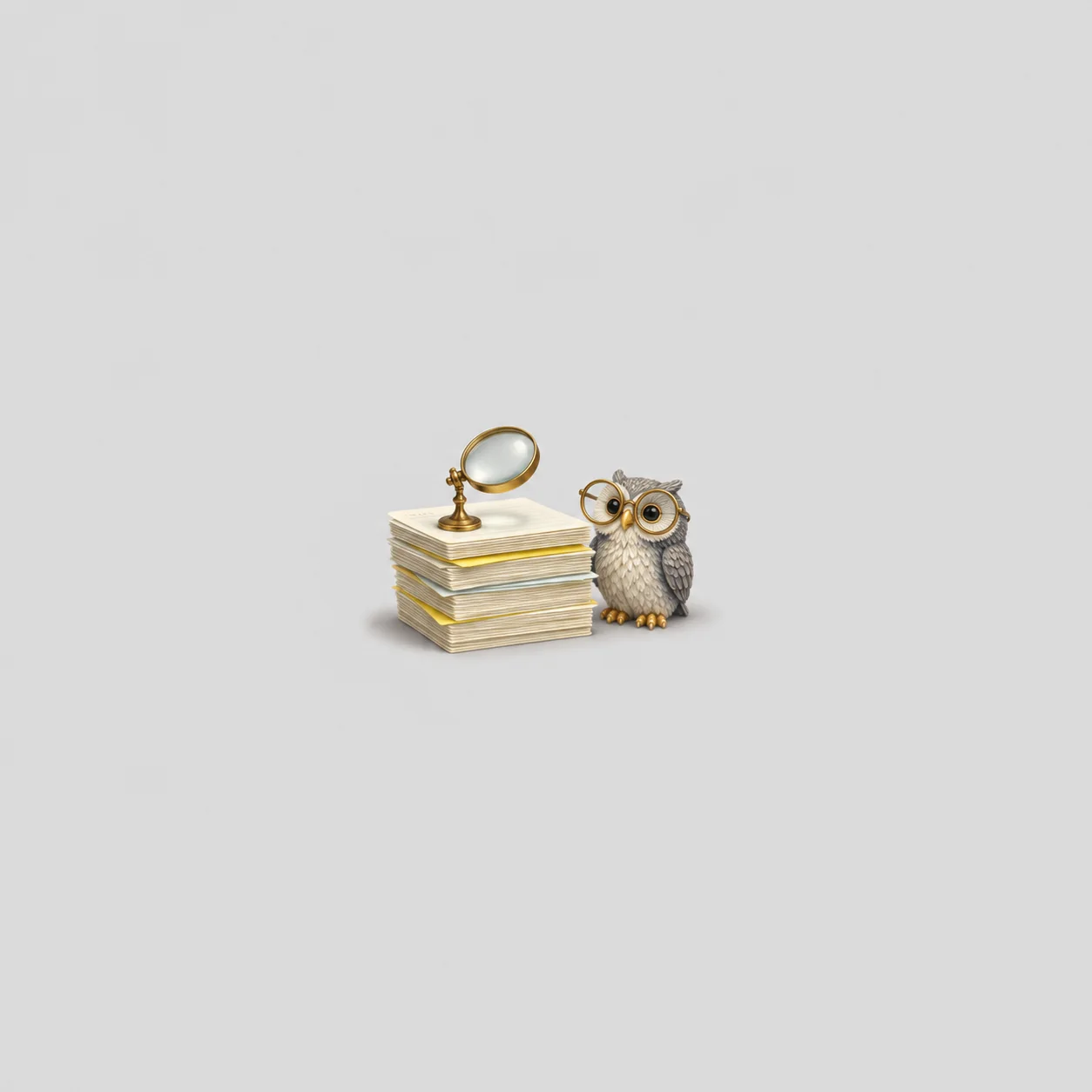A tall stack of index cards and a magnifier next to a small gray owl figurine in big round glasses.
