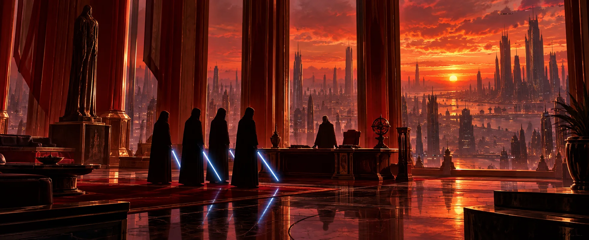 Four robed figures with glowing blades confront an old man behind a desk in a crimson office high above a city at dusk.