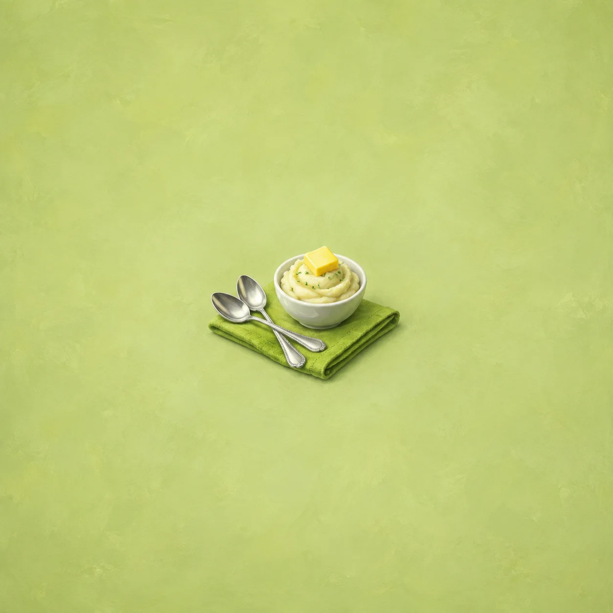 Two crossed silver spoons on a green napkin beside a bowl of mashed potato topped with butter.
