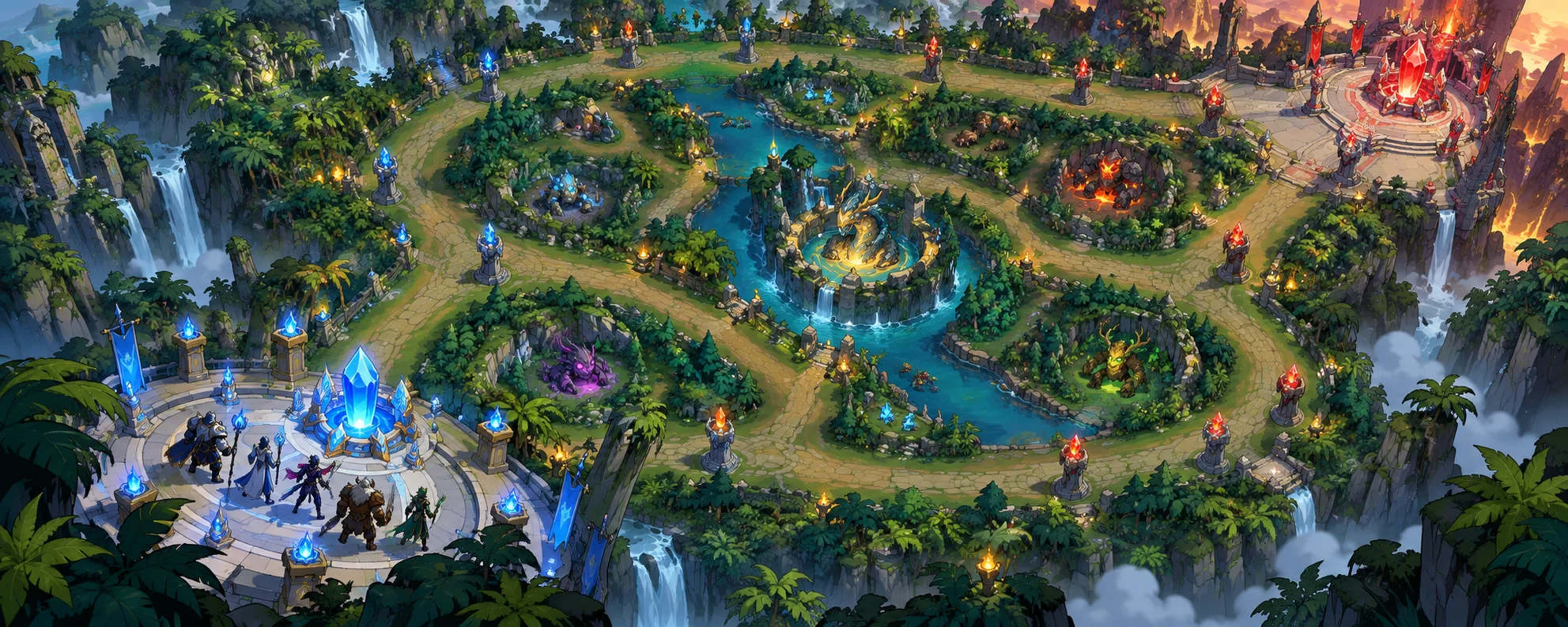 A jungle battlefield map seen from above, with three lanes, a river and glowing bases at each corner.