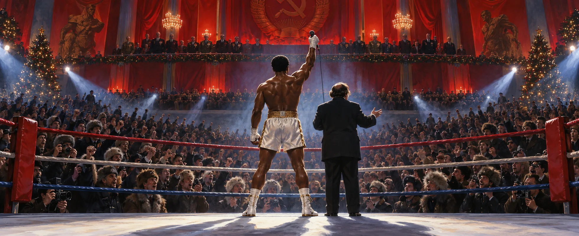 A boxer in white trunks raises his glove in a Moscow ring as the crowd in the arena rises to its feet.