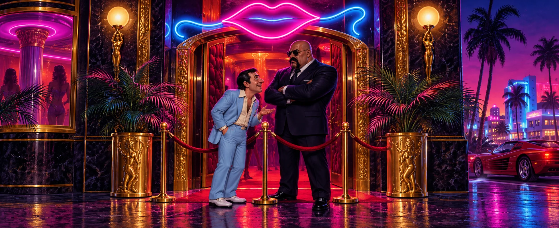 A man in a white leisure suit whispers to a burly bouncer at the neon door of a seedy nightclub.