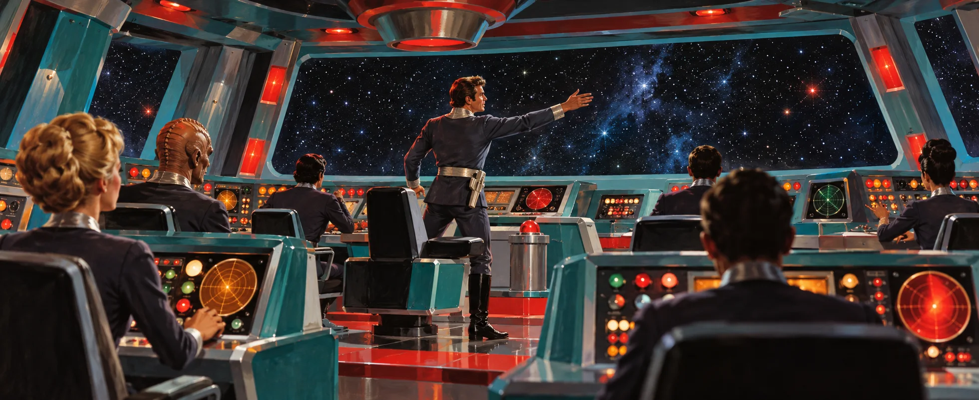 A captain in a tight 1970s-style uniform points across the bridge of a retro starship while his costumed crew sits at blinking consoles.