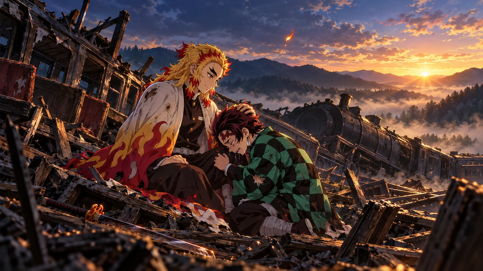 Anime illustration: a flame-haired swordsman in a tattered white cloak with flame-patterned hems rests a hand on the head of a sobbing young man in a green chequered coat, amid the wreckage of a derelict steam train at sunrise.