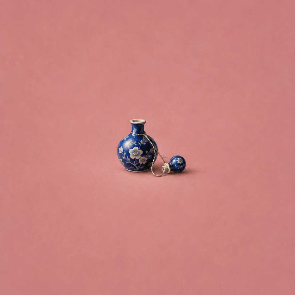 A blue porcelain bottle with white flowers stands beside its detached round stopper, joined by a thin silver cord.
