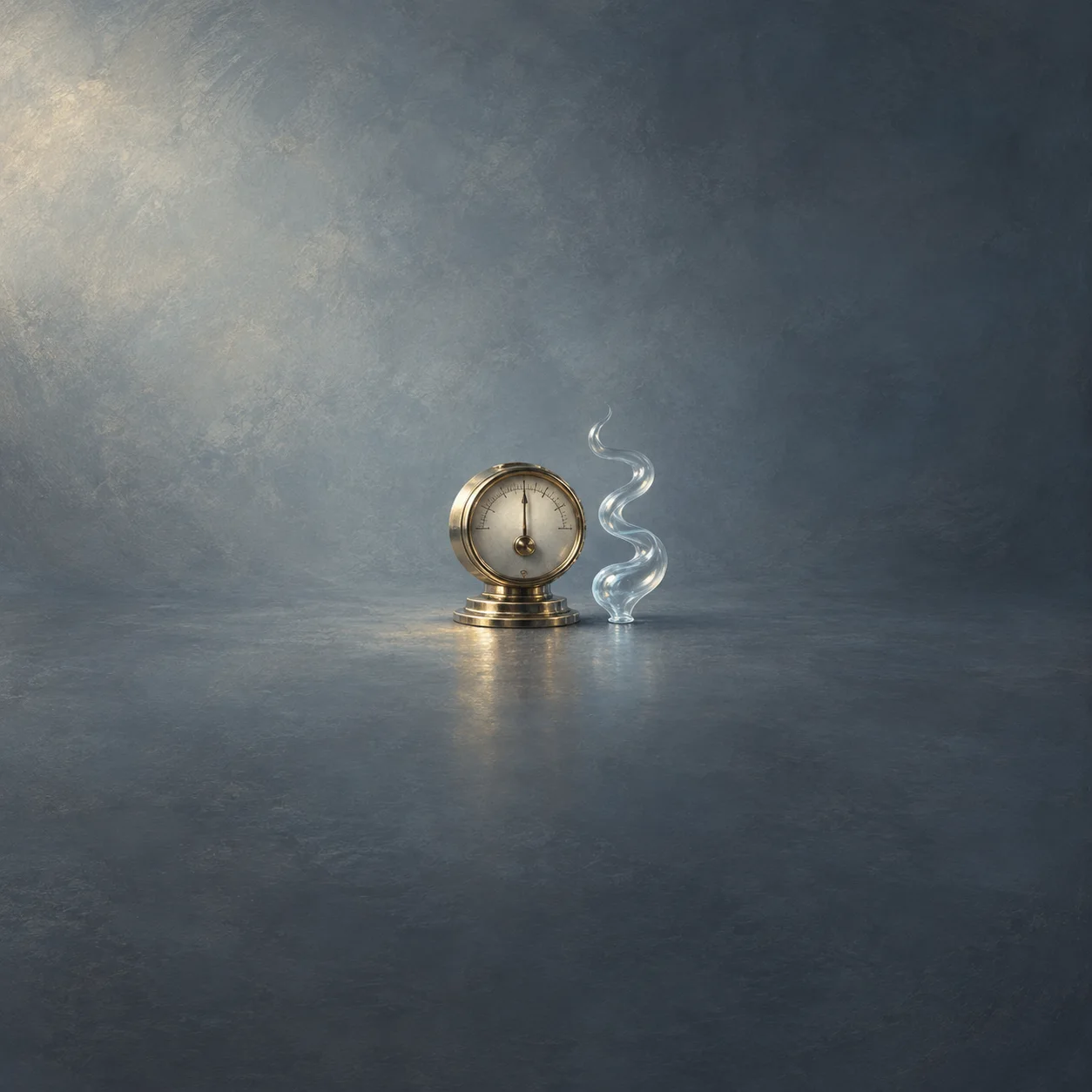 A round brass gauge stands beside a clear twisting glass ribbon on a blue-grey reflective surface.