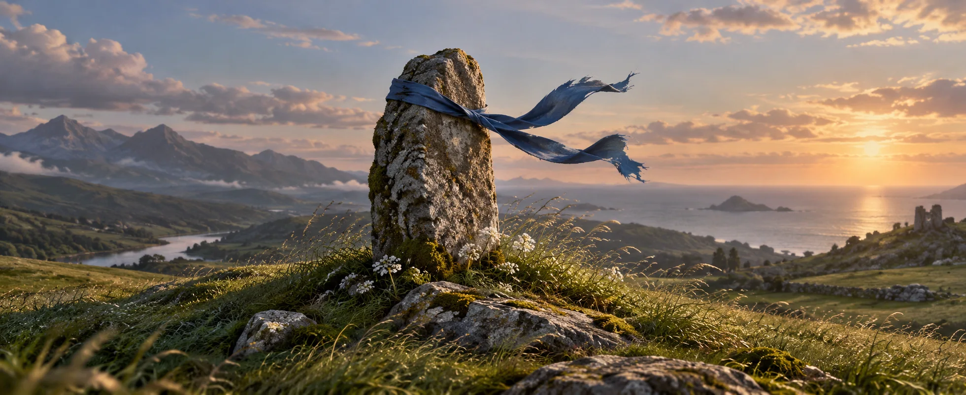 A torn blue ribbon lifts beside a weathered stone marker on a windswept green hill.