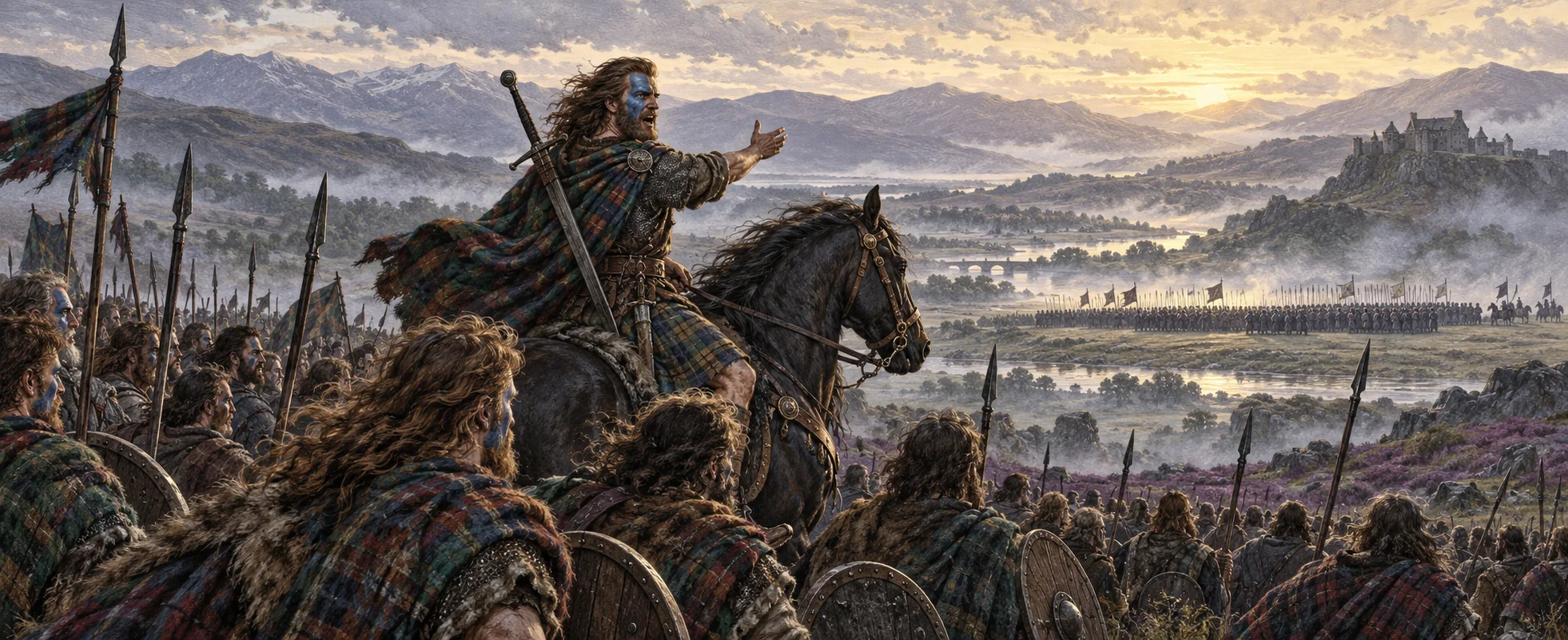 A man with half his face painted blue rides along the front of a ragged Scottish army, sword on his back, the English army a dark line across the misty field.