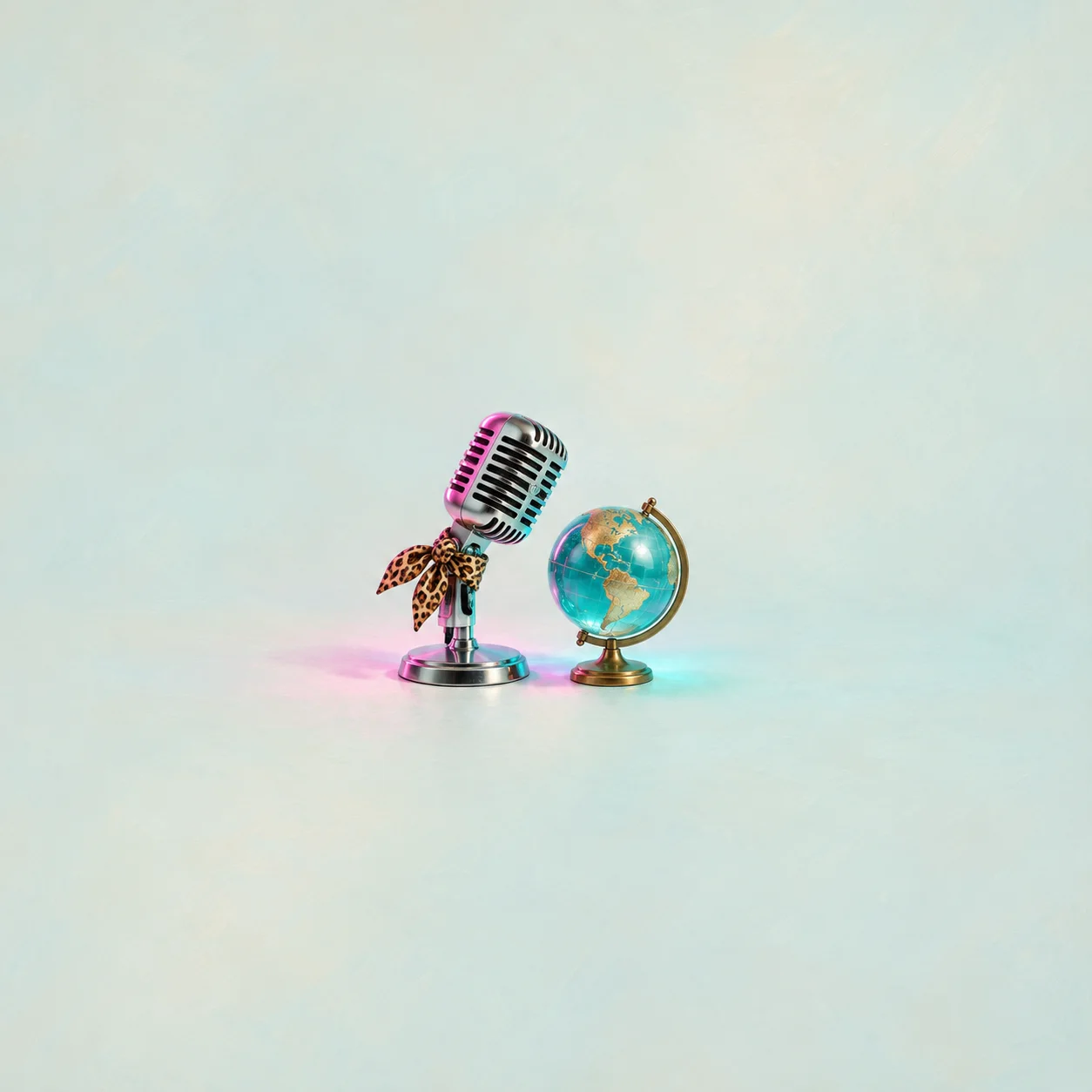 A chrome microphone tied with a spotted scarf beside a small turquoise globe on a pale background.