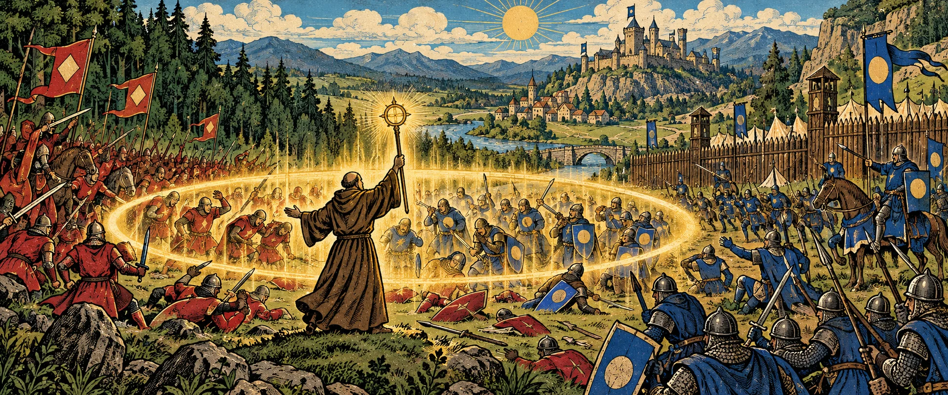 A robed priest raises a glowing staff as soldiers on a battlefield change sides around him.