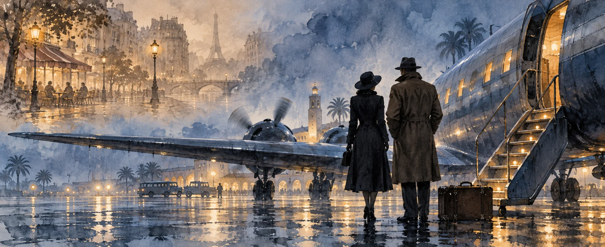 A couple in trench coats and hats stand by a waiting plane on a rainy night airfield, a dreamlike Paris skyline fading into the mist behind.