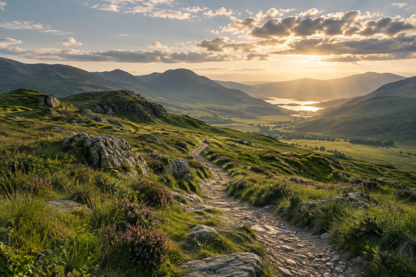 A winding footpath through green highlands towards a sunlit lake and distant hills.