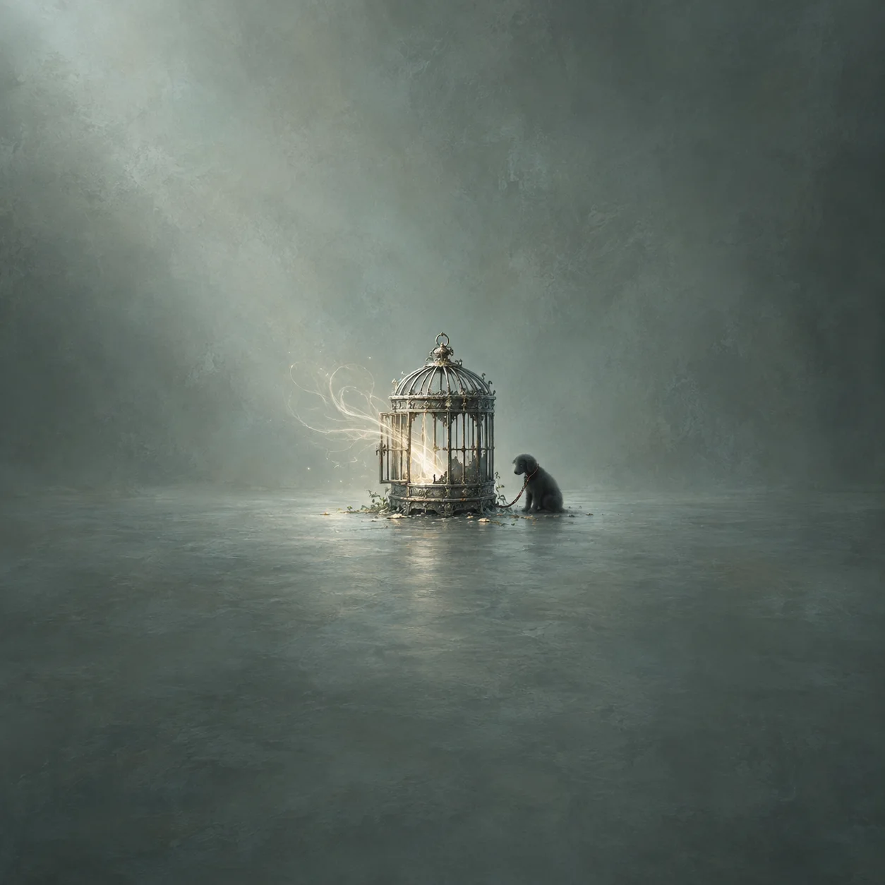 A weathered birdcage glows with pale light beside a small dark dog on a muted grey-green surface.