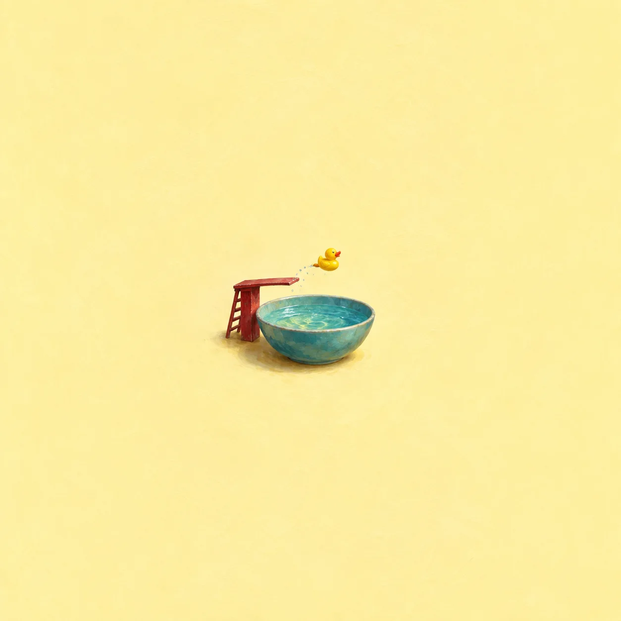 A yellow rubber duck suspended above a red diving board beside a bowl of turquoise water on a pale yellow background.