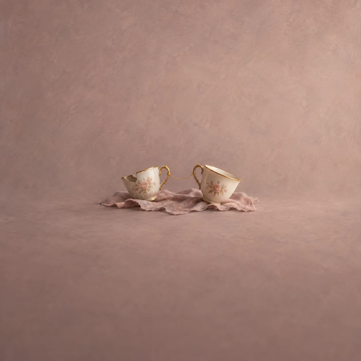 Two floral teacups lean toward each other, their handles joined by a thin gold thread on pink cloth.
