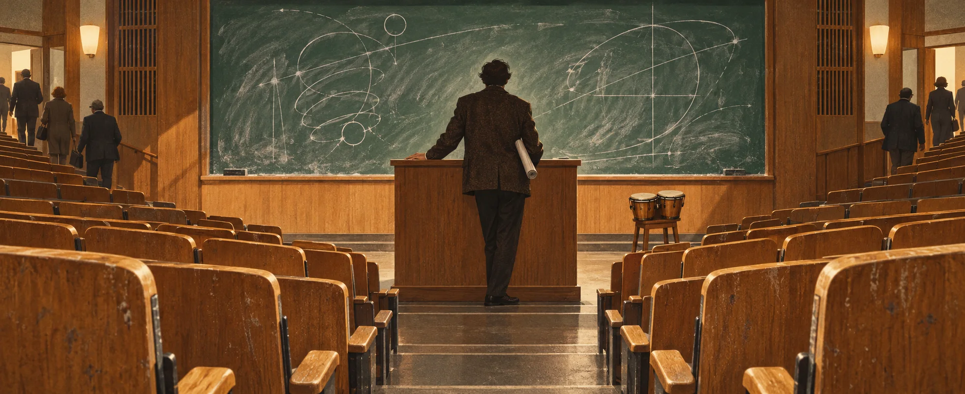 A lone lecturer, seen from behind, stands at a lectern before a chalkboard of looping diagrams in an emptying wooden lecture hall.