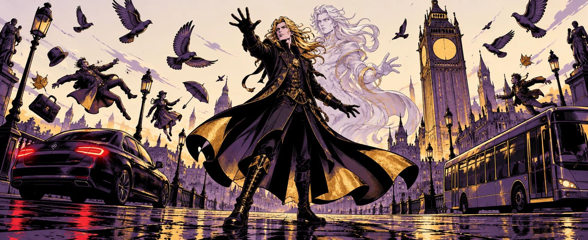 A blond vampire in a gold-trimmed black coat flings out his arms in a London street as crows scatter.