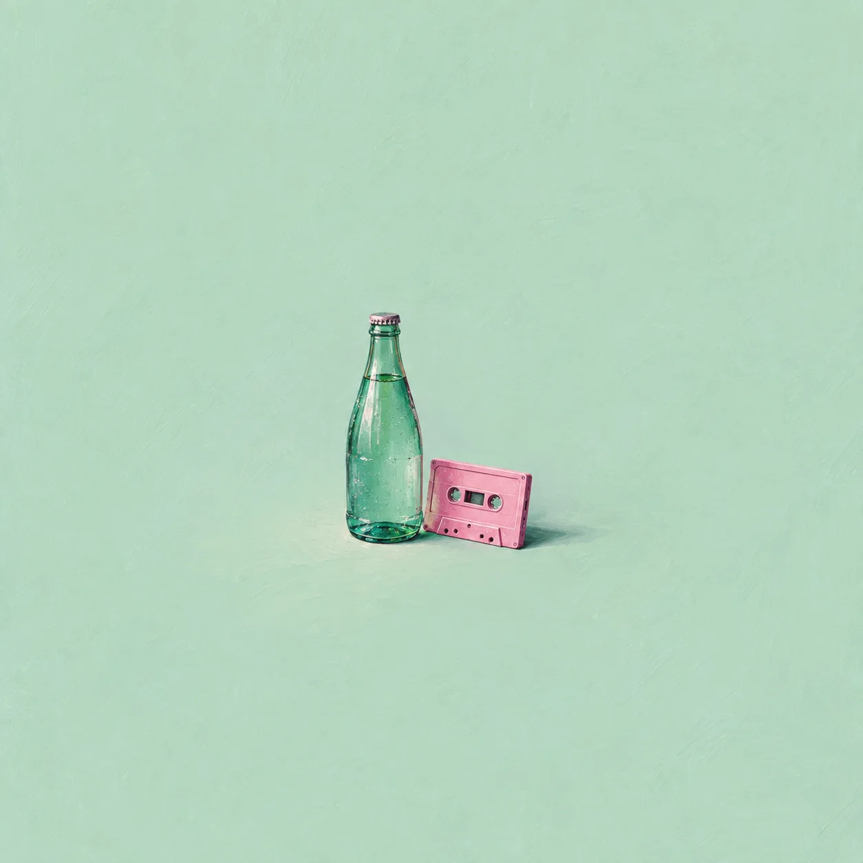 A green glass water bottle next to a pink cassette tape on a mint background.
