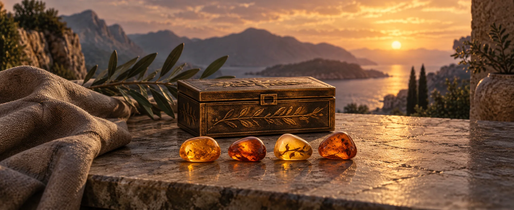 Four small polished amber stones sit in a neat row beside a closed bronze box.