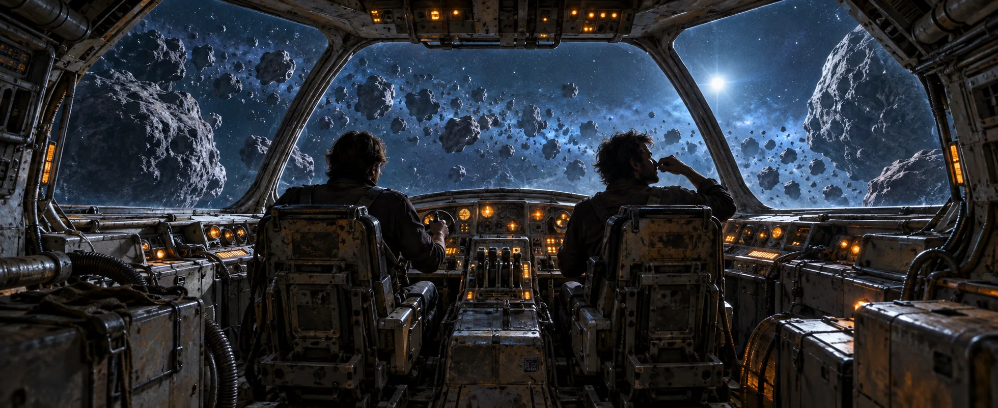 Two pilots seen from behind in a battered freighter cockpit, one waving away a smell, an asteroid field beyond the canopy.