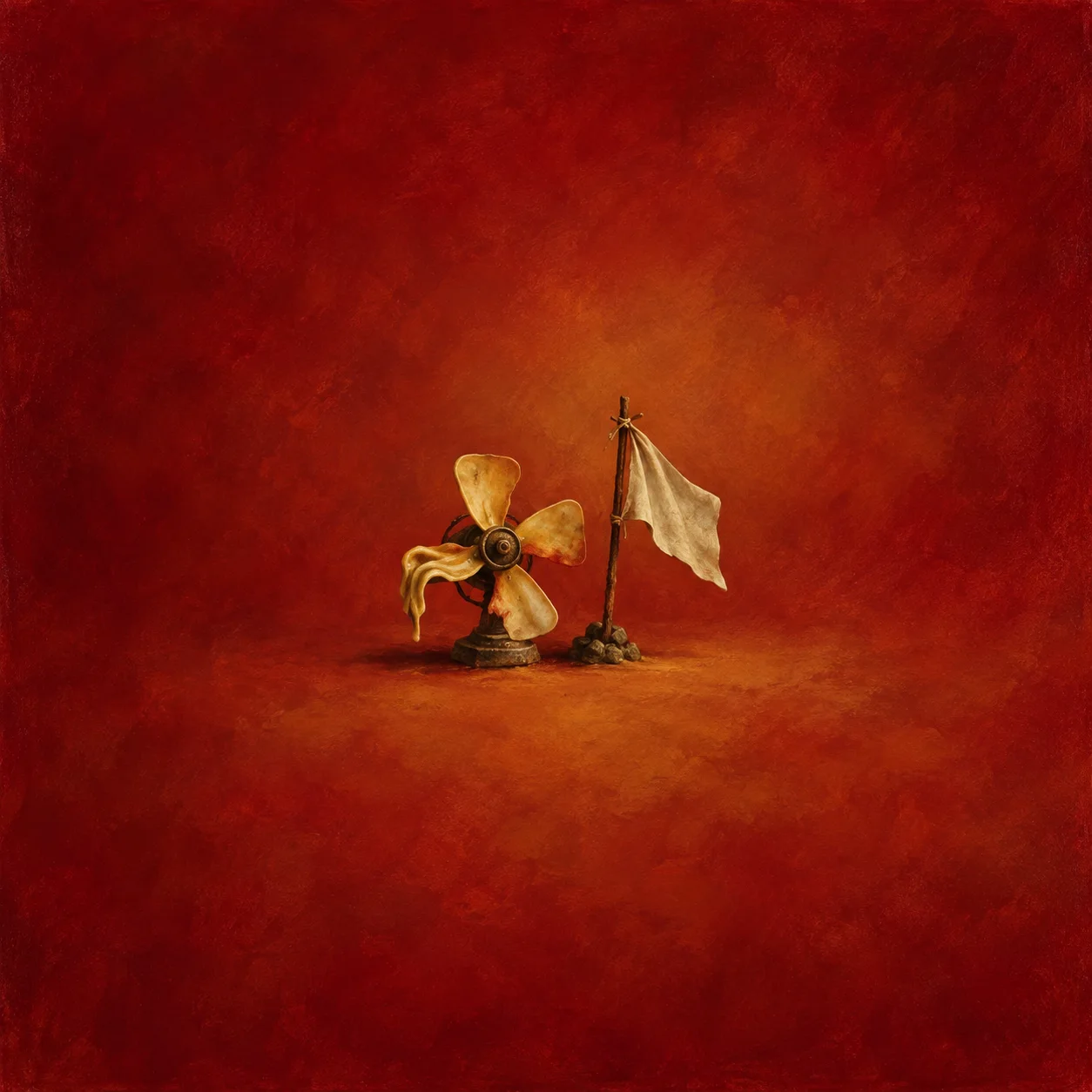 Bent brass-colored fan blade beside a drooping blank cream paper flag