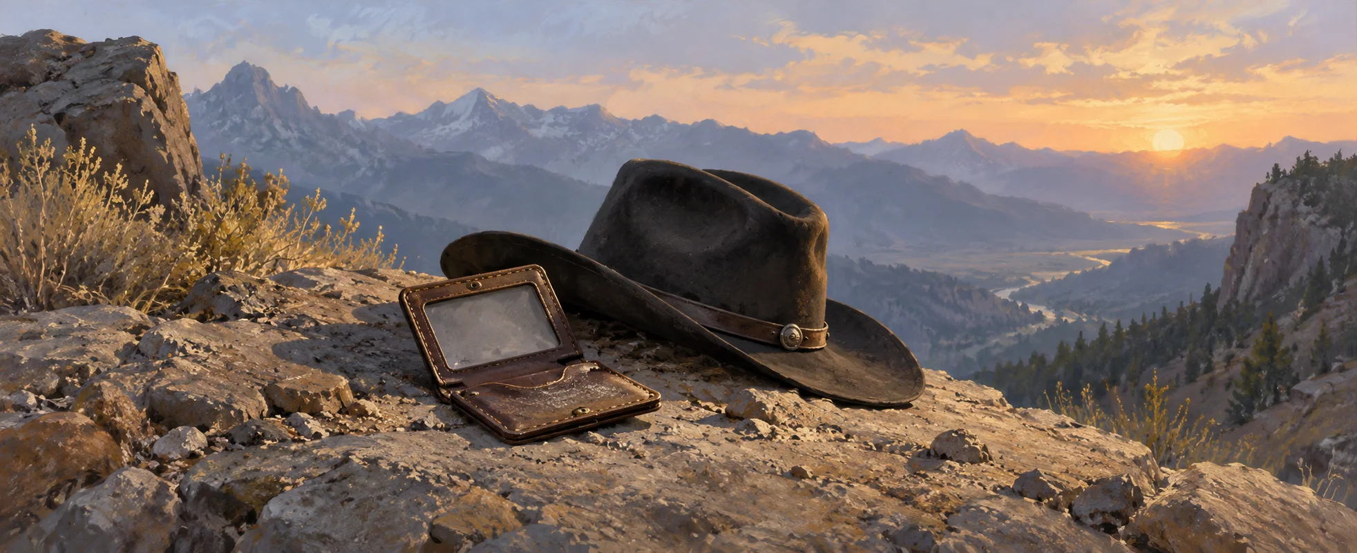 An empty leather badge holder lies beside a dark broad-brimmed hat on a dusty mountain ledge.