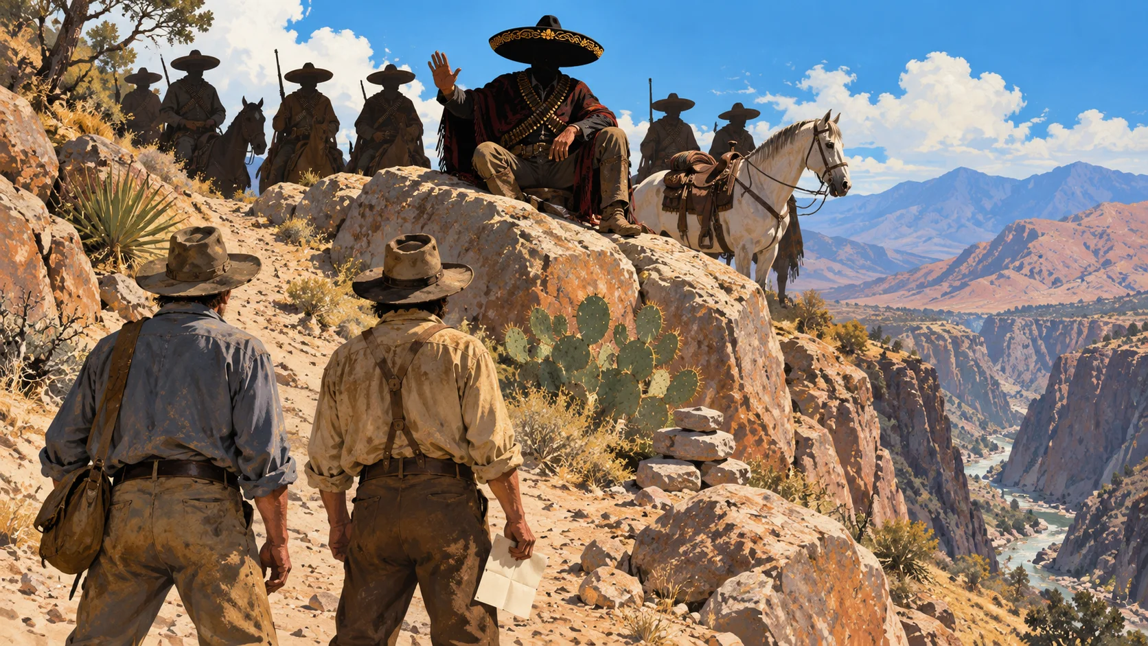 Two dusty prospectors face a bandit leader in a wide sombrero sitting on a boulder above a mountain trail, his riders lined up behind.